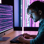 **

A focused AI developer intensely working at a computer, surrounded by glowing lines of code. Multiple screens display different aspects of generative AI for creative content creation: one shows AI-generated art, another displays NLP code for text generation. The overall atmosphere is energetic and creative.

**