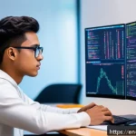 Home 22 AI 개발자 학습 로드맵 - A modern workspace scene featuring a young adult programmer sitting at a sleek desk with multiple mo...