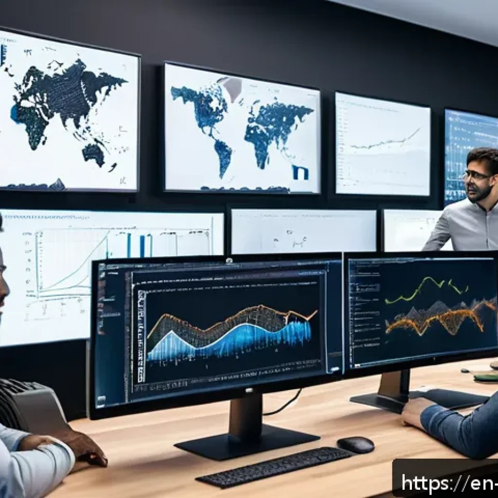 AI 개발자 직무 분류 - A modern tech office scene showing a diverse team of machine learning engineers collaborating around...