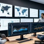 Home 21 AI 개발자 직무 분류 - A modern tech office scene showing a diverse team of machine learning engineers collaborating around...