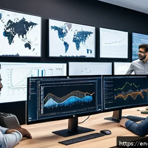 Home 33 AI 개발자 직무 분류 - A modern tech office scene showing a diverse team of machine learning engineers collaborating around...