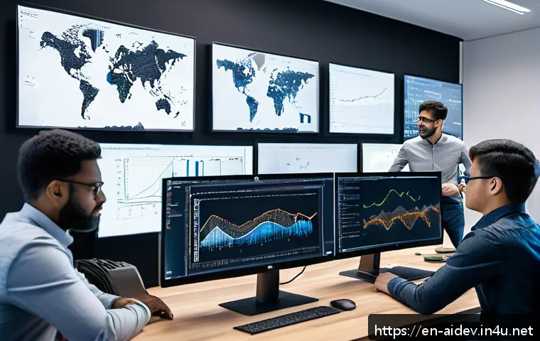 AI 개발자 직무 분류 - A modern tech office scene showing a diverse team of machine learning engineers collaborating around...