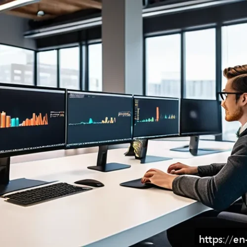 Home 32 AI 개발자 직무 교육 - A modern tech workspace featuring a diverse group of young professionals collaborating on AI develop...