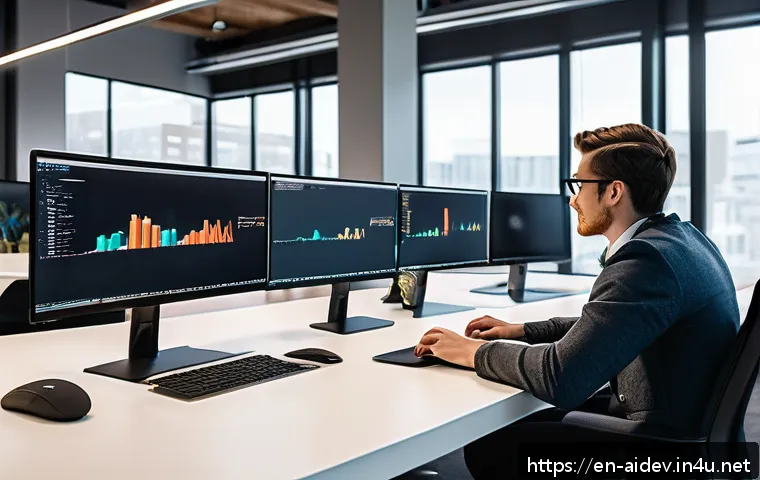 AI 개발자 직무 교육 - A modern tech workspace featuring a diverse group of young professionals collaborating on AI develop...