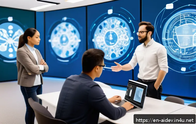 AI 개발의 문제 해결 방법 - A modern AI research lab scene featuring diverse data scientists and engineers collaborating around ...