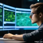 Home 23 AI 개발 이론의 기초 - A futuristic AI lab environment with diverse data streams visualized as flowing light particles—numb...